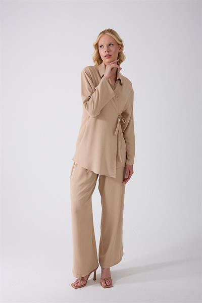Bej Kruvaze Bağlamalı Kimono Takım – Oversize Rahat Kesim
