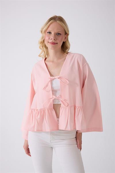Önü Baglamalı Pembe Fırfırlı Kimono