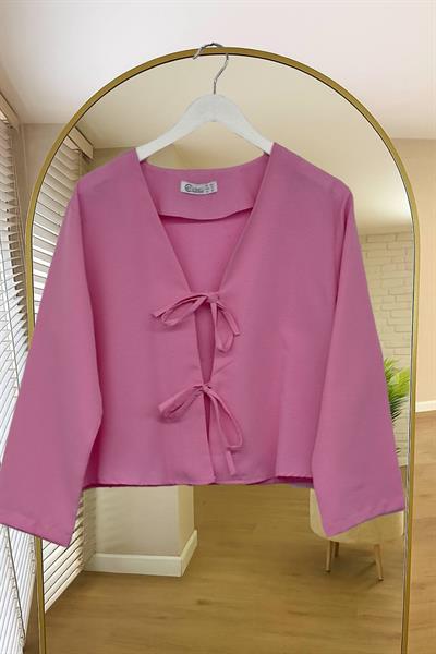 Önü Baglamalı Pembe Kısa Kimono