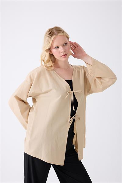 Önü Baglamalı Krem Kimono Tunik Oversize