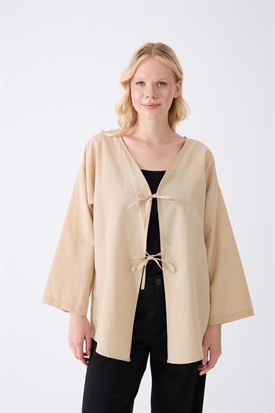 Önü Baglamalı Krem Kimono Tunik Oversize