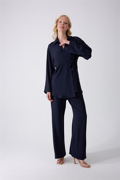 Lacivert Bağlamalı Kimono Takım – Oversize Rahat Kesim