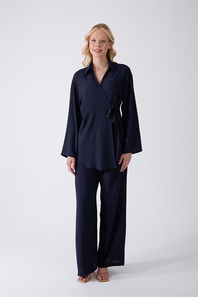 Lacivert Bağlamalı Kimono Takım – Oversize Rahat Kesim