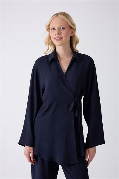 Lacivert Bağlamalı Kimono Takım – Oversize Rahat Kesim