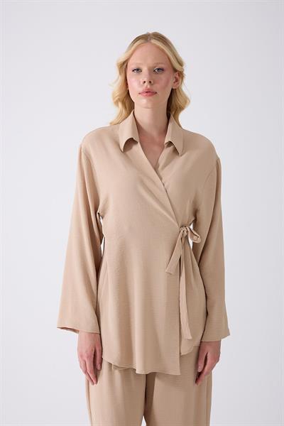 Bej Kruvaze Bağlamalı Kimono Takım – Oversize Rahat Kesim