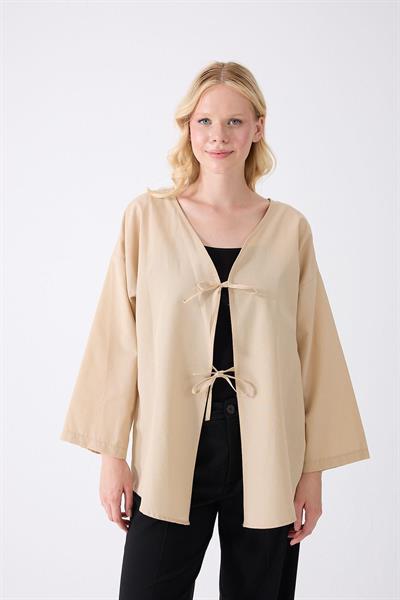 Önü Baglamalı Krem Kimono Tunik Oversize