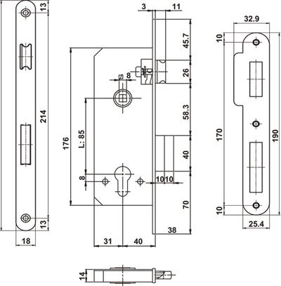 H40.01 Gömme kilit PC mat nikel 40/18mm