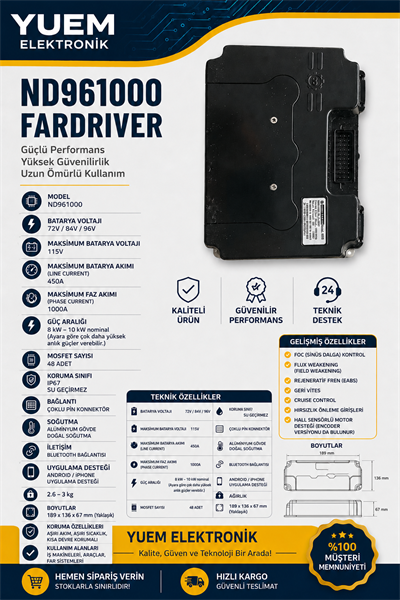 FarDriver ND961000 96V 1000A Motor Kontrol Ünitesi | Yüksek Performans FOC Beyin