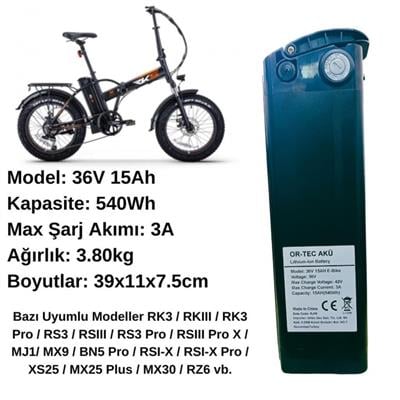 RKS Elektrikli Bisiklet Bataryası 36V 15Ah + 36V 2A Lityum Li-Ion Akıllı Elektrikli Bisiklet Şarj Aleti Seti