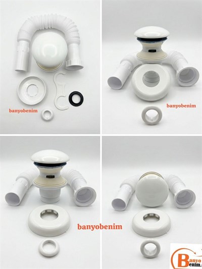 POP UP SİFON TAŞMA DELİKLİ PORSELEN KAFA BEYAZ RENK SİFON ve BEYAZ RENK LAVABO YÜZÜĞÜ