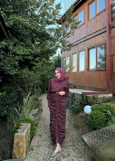 BÜZGÜLÜ TASARIM GÖMLEK ELBİSE-BORDO