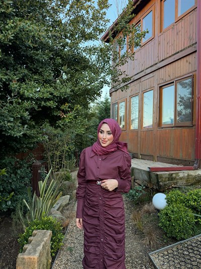 BÜZGÜLÜ TASARIM GÖMLEK ELBİSE-BORDO