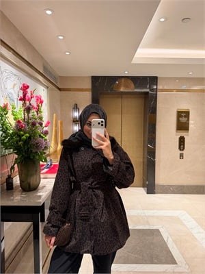 KÜRK YAKALI LEOPAR DESENLİ TRENÇ- KAHVE