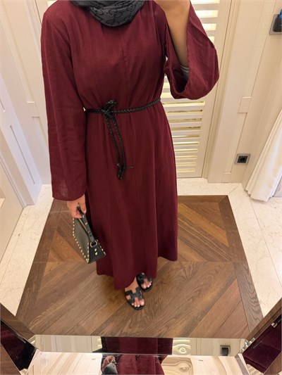 SORE KETEN ELBİSE- BORDO
