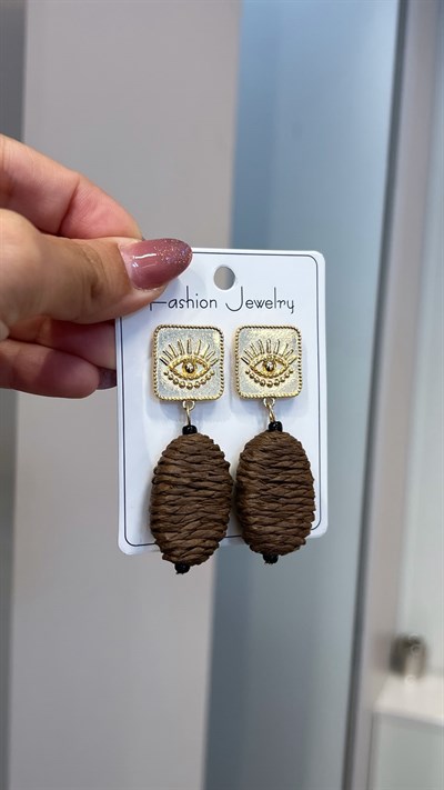 Göz Detaylı Hasır Oval Model Kahverengi Küpe