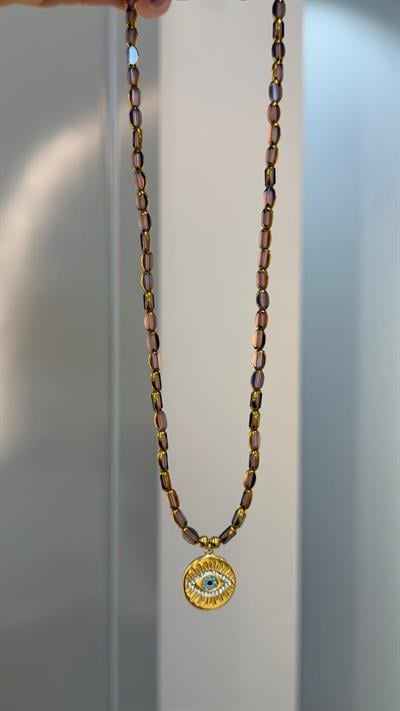 Göz Detaylı Lila Cam Boncuk Kolye