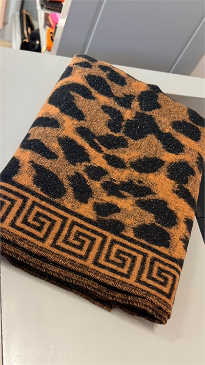 Leopar Desenli Kahverengi Yün Şal 70x200