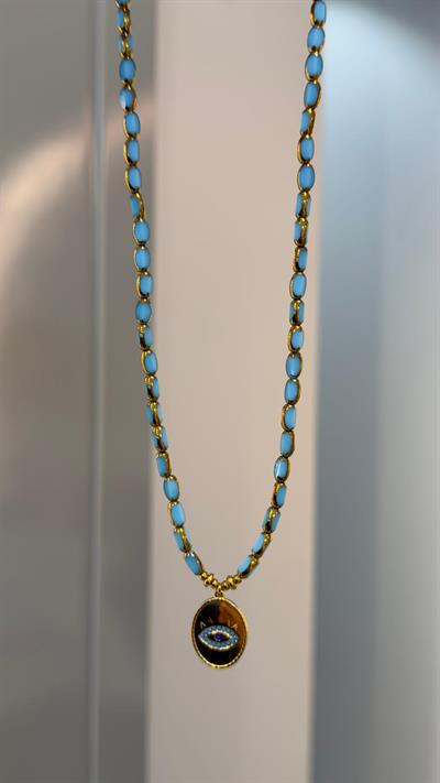 Mavi Göz Detaylı Cam Boncuk Kolye