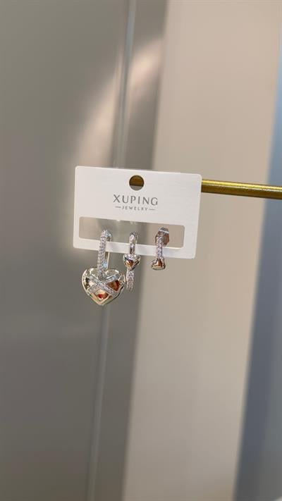 Özel Seri 14K Kalp Detaylı Silver Üçlü Set Küpe