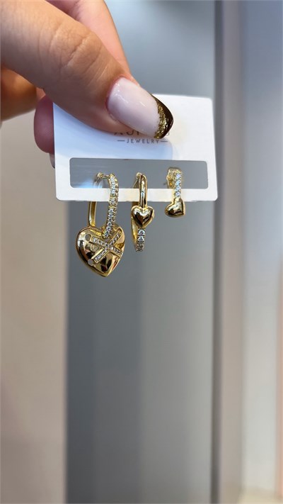 Özel Seri 14K Kalp Detaylı Üçlü Set Küpe 