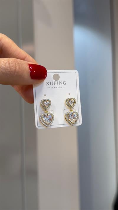 Özel Seri 14K Taşlı Kalp Detaylı Gold Küpe