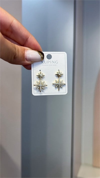 Özel Seri 14K Taşlı Sallantılı Yıldız Küpe