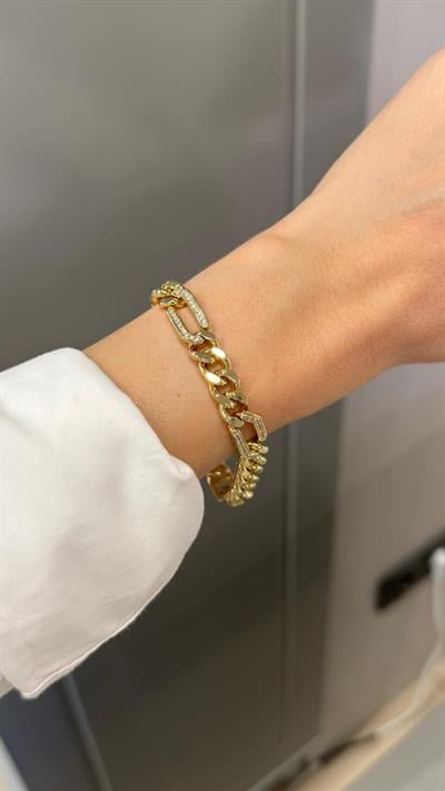 Taş Detaylı 14K Renginde Çelik Gurmet Bileklik