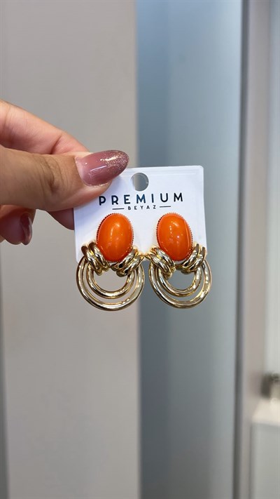 Turuncu Detaylı Oval Halka Vintage Küpe