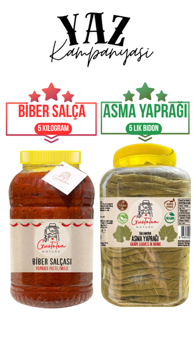 Gustolea Nature Manisa Sultaniye Ilk Hasat Ince Damarsız Salamura Uç Asma Yaprağı  + Gustolea Nature Biber Salçası 5 Kg