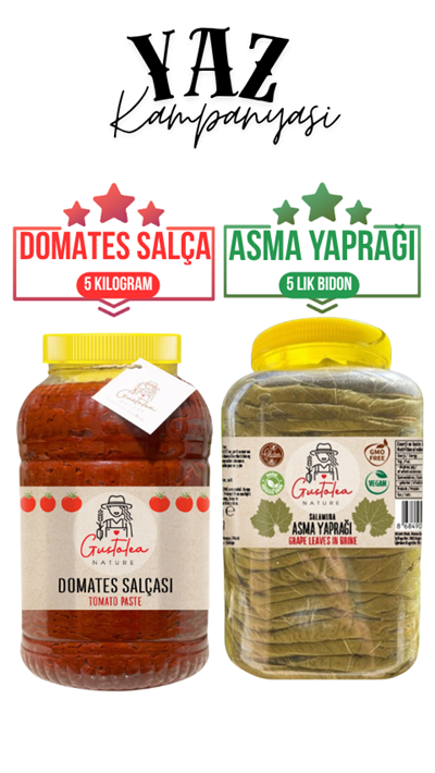 Gustolea Nature Manisa Sultaniye Ilk Hasat Ince Damarsız Salamura Uç Asma Yaprağı  + Gustolea Nature Domates Salçası 5 Kg