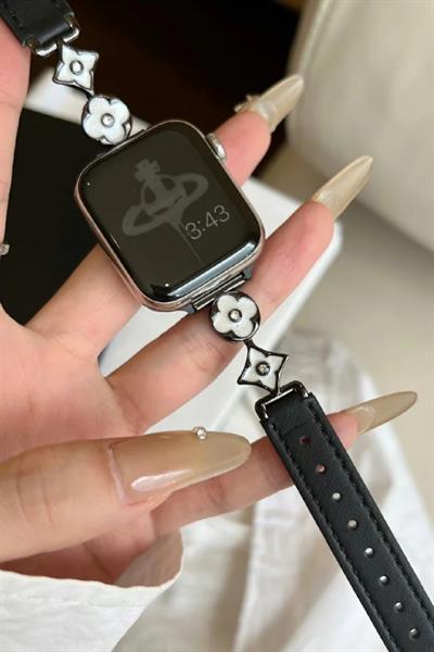 Apple Watch Seri 2/3/4/5/6/7/8/9/10/11 Uyumlu Lüks Kordon Metal Derili 4Yaprak