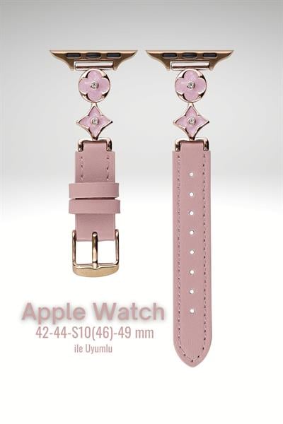 Apple Watch Seri 1-9 (42-44-45-49) ve S10-11-46mm Uyumlu Lüks Kordon Metal Derili 4Yaprak
