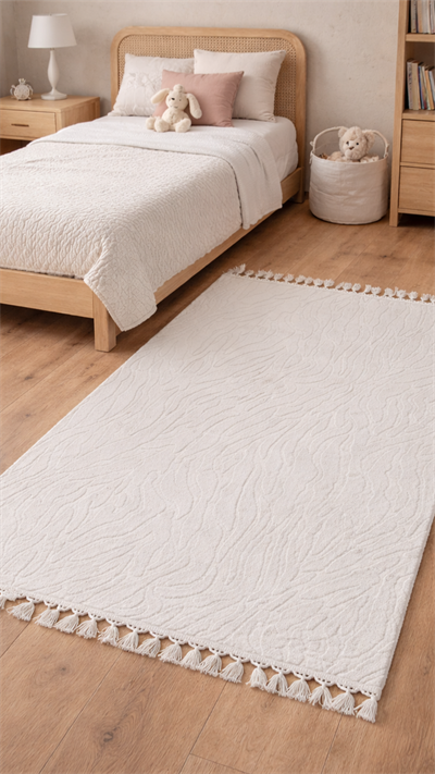 By Özer Halı Krem Renk Modern Makinede Yıkanabilir Kaymaz Taban Saçaklı Halı