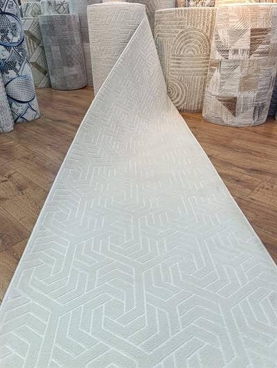 By Özer Halı Lera Geometrik Desenli Krem Renk Kaymaz Tabanlı Kesme Yolluk