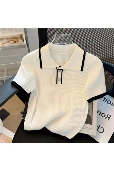 Kadın Polo Yaka Şeritli Düğmeli Triko Kadın T-shirt