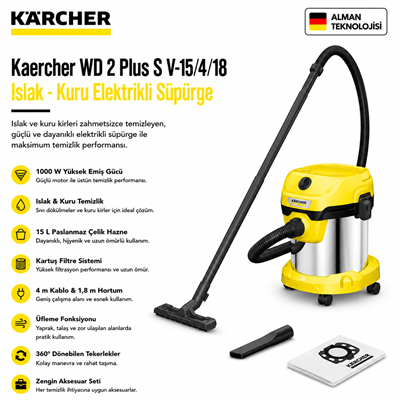 Kaercher WD 2 Plus S V-15/4/18 Islak - Kuru Elektrikli Süpürge