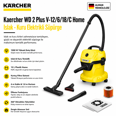 Kaercher WD 2 Plus V-12/6/18/C Home Islak - Kuru Elektrikli Süpürge