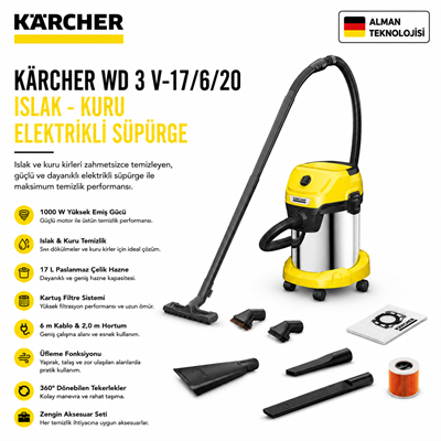 Kaercher WD 3 V-17/6/20 Islak - Kuru Elektrikli Süpürge
