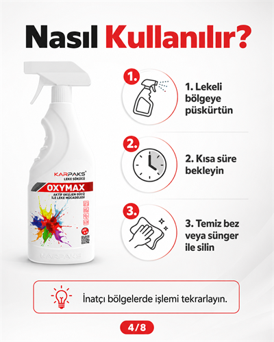 Karpaks Oxymax Leke Sökücü Sprey 750 ml Aktif Oksijen Gücü Halı Koltuk Kumaş Araç İçi Döşeme Temizleyici
