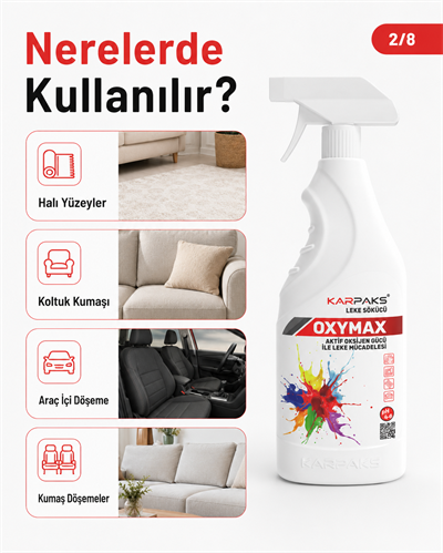 Karpaks Oxymax Leke Sökücü Sprey 750 ml Aktif Oksijen Gücü Halı Koltuk Kumaş Araç İçi Döşeme Temizleyici