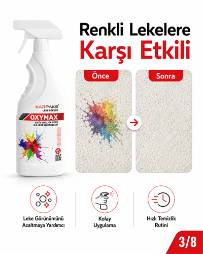 Karpaks Oxymax Leke Sökücü Sprey 750 ml Aktif Oksijen Gücü Halı Koltuk Kumaş Araç İçi Döşeme Temizleyici