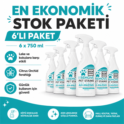 REMUVR Evcil Hayvan Leke ve Koku Giderici Sprey 6'lı Paket 6 x 750 ml – Kedi Köpek İdrar Lekesi Temizleyici
