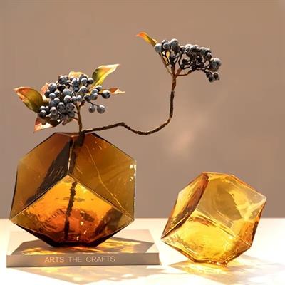 2Li Set Küp Cam Obje Amber 15X15Cm
