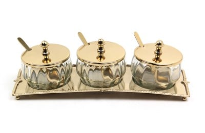 Lmd Optık Cam Tepsılı Gold 3lu Baharatlık Setı 11,5x33x10,5 Cm