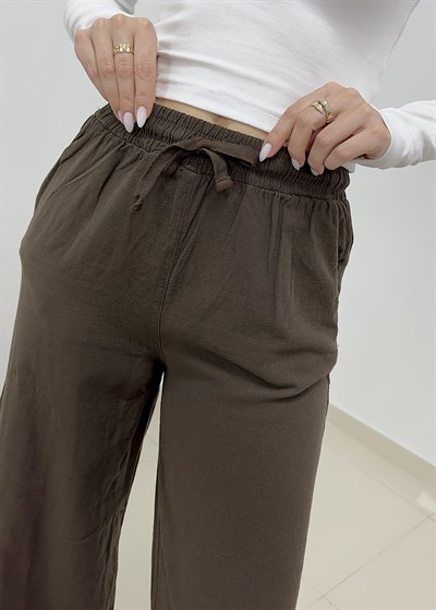 Beli Bağcıklı Bol Paça Keten Pantolon - Acı Kahve