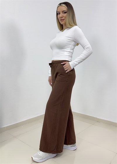 Beli Bağcıklı Bol Paça Keten Pantolon - Kahverengi