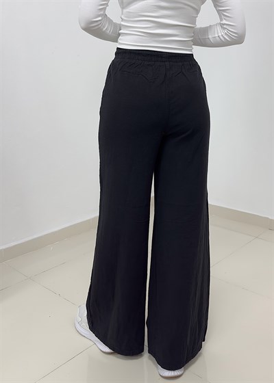 Beli Bağcıklı Bol Paça Keten Pantolon - Siyah