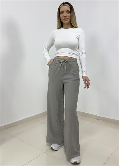 Beli Bağcıklı Bol Paça Keten Pantolon - Yeşil