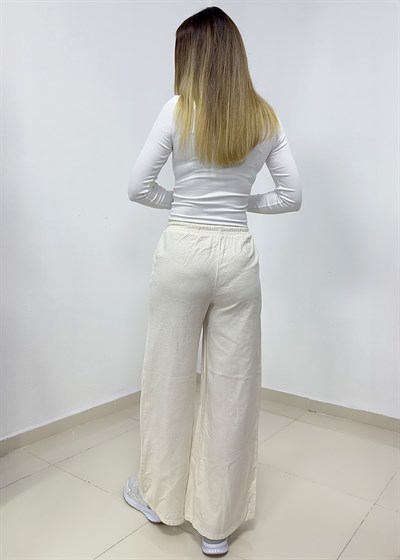 Beli Bağcıklı Bol Paça Keten Pantolon - Taş