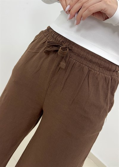 Beli Bağcıklı Bol Paça Keten Pantolon - Kahverengi